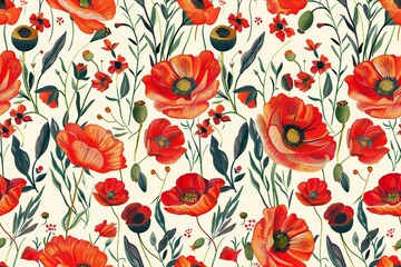 Seamless pattern with vibrant red poppie floral . wildflower pattern for nursery decoration. .
