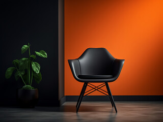 Fototapeta premium Black chair contrasts with the orange hues of the modern interior