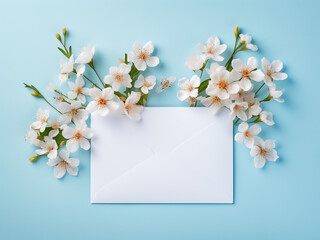 Envelope with white flowers on pastel blue, a festive greeting
