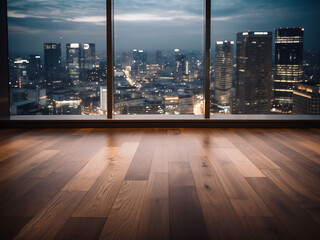 Naklejka premium Aerial view of Osaka's business downtown wooden floor with blurred lights