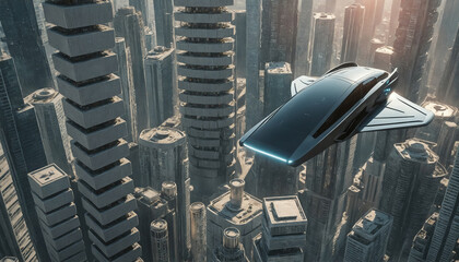 Futuristic flying vehicle over a city, personal air vehicle