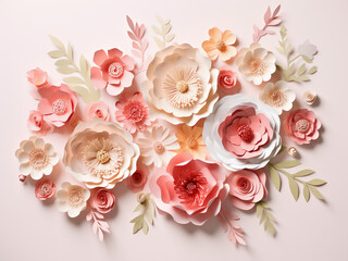 Background for celebrations adorned with paper texture flowers in a flat lay style