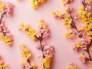 Pink pastel background adorned with a pattern of yellow forsythia flowers
