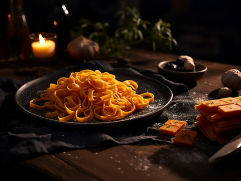 Pasta neatly arranged on a black stone desk atop a kitchen table