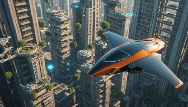 Futuristic flying vehicle over a city, personal air vehicle