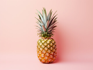Flat lay of pineapple on pink pastel, invoking summer - obrazy, fototapety, plakaty