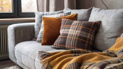 A grey couch filled with numerous pillows sits in front of a window in a cozy living room corner