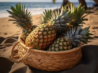 A pineapple nestled in a wicker basket by the shore - obrazy, fototapety, plakaty