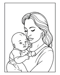 Fototapeta na wymiar Happy Mother's day coloring page illustrations, Cute kawaii mother holding his child, cartoon character, Mother's day black and white vector