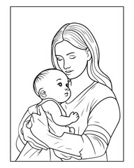 Happy Mother's day coloring page illustrations, Cute kawaii mother holding his child, cartoon character, Mother's day black and white vector
