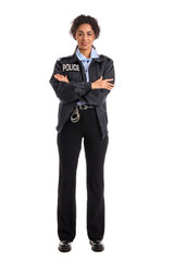 African-American female police officer with crossed arms on white background
