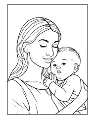 Happy Mother's day coloring page illustrations, Cute kawaii mother holding his child, cartoon character, Mother's day black and white vector