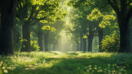 Tree-lined pathway with sunlight streaming in