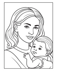 Happy Mother's day coloring page illustrations, Cute kawaii mother holding his child, cartoon character, Mother's day black and white vector