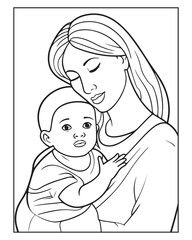 Happy Mother's day coloring page illustrations, Cute kawaii mother holding his child, cartoon character, Mother's day black and white vector