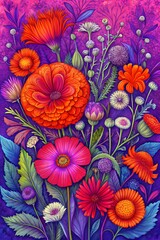 A vibrant painting of flowers on a purple background, adding a touch of beauty and color to any space.