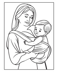 Fototapeta na wymiar Happy Mother's day coloring page illustrations, Cute kawaii mother holding his child, cartoon character, Mother's day black and white vector