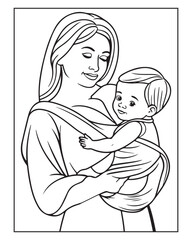 Happy Mother's day coloring page illustrations, Cute kawaii mother holding his child, cartoon character, Mother's day black and white vector