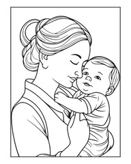 Happy Mother's day coloring page illustrations, Cute kawaii mother holding his child, cartoon character, Mother's day black and white vector
