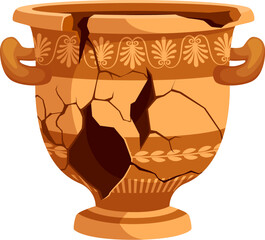 Ancient broken pottery vase, old ceramic cracked pot or jug, vector antique Greek pottery. Clay amphora or bowl with handles, classic Roman or Greek ancient vase or archeology earthenware