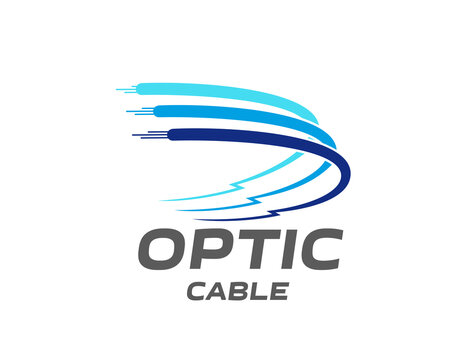 Fiber optic cable icon, internet technology. Isolated vector emblem for telecommunication, connection and networking. Dynamic cord lines convey speed, connectivity and high-speed internet traffic