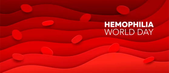 Fotobehang Hemophilia day, red blood paper cut banner background. 3d vector erythrocyte cells on liquid papercut waves. Medical health care awareness symbolizing strength and resilience against bleeding disorder © Vector Tradition