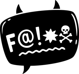 Comic swear speech bubble, hate angry talk and aggressive expletive curse, vector cartoon icon. Bad word swear speech bubble with devil emoji, mad anger or rude language and curse shout text - obrazy, fototapety, plakaty