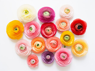 Top view of ranunculus heads on a white background, offering ample text space