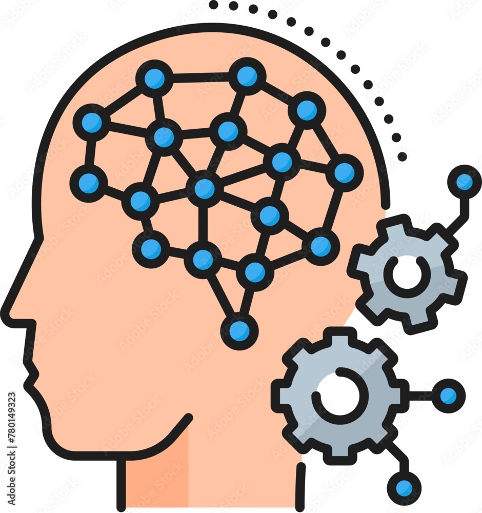 Poster Artificial intelligence algorithm, AI analysis, deep machine learning line color icon. AI data analysis or deep robotic learning technology outline vector icon with artificial brain neurons, cogwheel