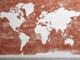 White-colored surface of red brick wall texture, featuring a wood terrace and world map