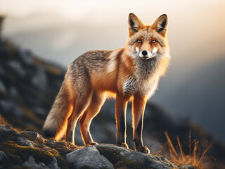 Fototapeta premium Red fox depicted in a retro style, standing on a mountain rock at sunset