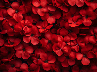 Flat lay arrangement of red flowers creates a Valentine's background concept