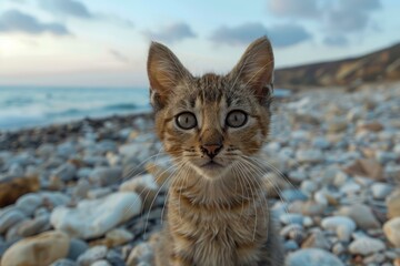 Obraz premium Adorable Tabby Kitten Standing on Pebble Beach with Waves in the Background at Sunset