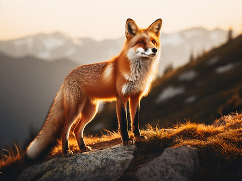 Retro-style image showcases a red fox standing on a mountain rock at sunset