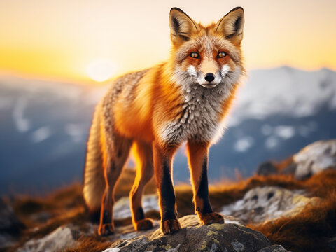 Sunset scene with a red fox standing on a mountain rock, captured in retro style
