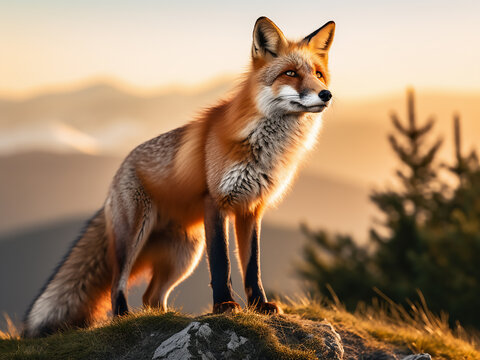 Retro-style image featuring a red fox standing on a mountain rock at sunset