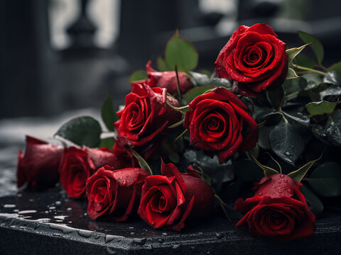 Black granite monument adorned with red roses