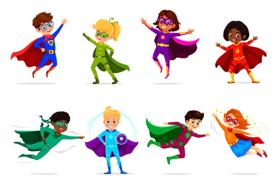 Cartoon kids superhero characters, boys and girls in super hero costumes, isolated vector. Superhero kids in mask flying on blue mantle cape with magic power, comic children superman guardians