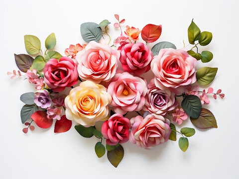 White background adorned with roses and additional decorative elements from a top view