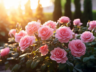 Beautiful pink roses in a Georgian garden captivate with selective focus - obrazy, fototapety, plakaty