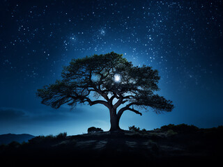 A tree's silhouette stands out against the night sky's dark background