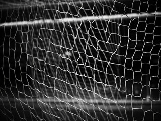 A soccer net stands out in the monochrome ambiance of a soccer stadium