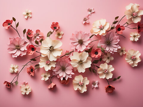 Various flowers adorn a pink background, creating a vibrant top-down view of nature