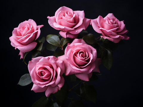 Dark background accentuates small pink rose blossoms