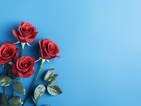 Top-down view of small roses against a summery blue backdrop