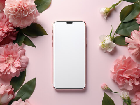 Smartphone showcased with pink flowers and green leaves against a white backdrop