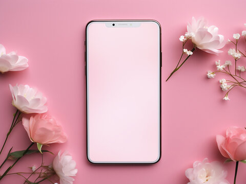 Smartphone mockup placed among flowers on a pink background, leaving space for text