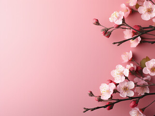 Pink background features macro shots of blossoming apricot branches for spring greetings