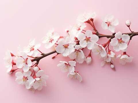 Cherry blossom branch with white flowers contrasts beautifully on pink