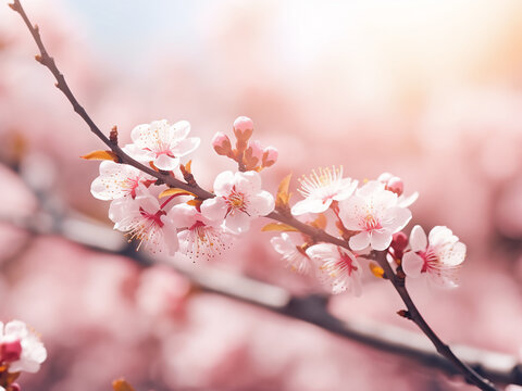 Pink spring backdrop features flower blossoms, April floral scenery, and a blooming tree